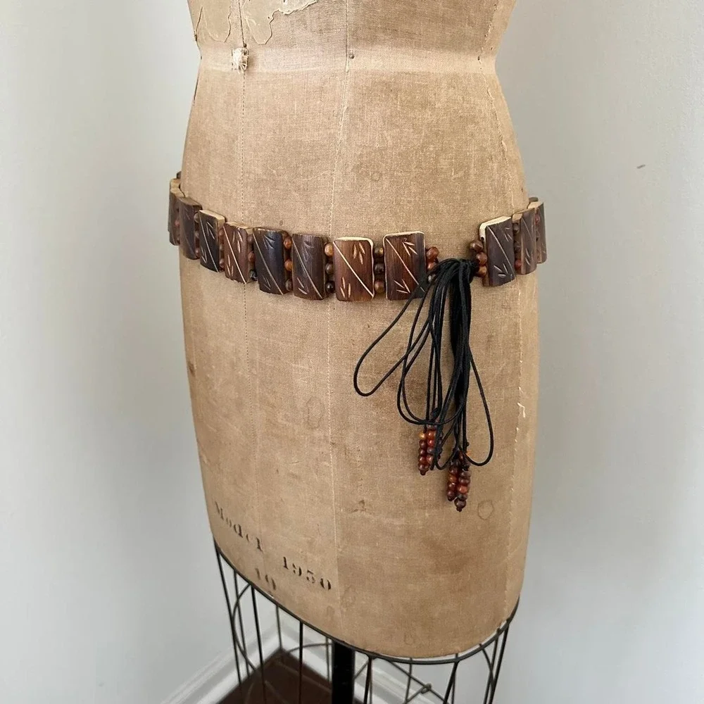 Vintage Wooden Bead Belt Dark Brown Etched Boho Festival Western